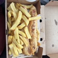 Battered vegan sausage with large chips   at Lighthouse Fisheries of Flamborough in Bridlington