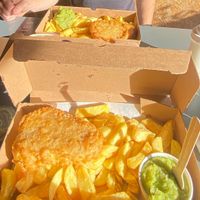 Vegan fillet, chips and mushy peas with vegan tartare sauce   at Lighthouse Fisheries of Flamborough in Bridlington