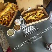 Vegan saveloy, chips, tartar sauce, mushy peas, curry saucee  at Lighthouse Fisheries of Flamborough in Bridlington