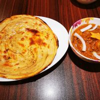 Eggplant and potatoes curry + lacha paratha (vegan) at Jyoti in Sapporo