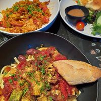 Jambalaya, puttanesca pasta, and burger at Vegan A.F. in Brattleboro