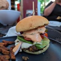 Burger with fries at Vegan A.F. in Brattleboro