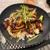 Daily special Bowl: rice, teriyaki tofu, mushrooms, asparagus… yum.  at Vegan A.F. in Brattleboro
