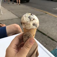 Half-eaten kid scoop mint Oreo   at Sweet Peaks Ice Cream in Bozeman