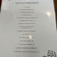 Pancake menu (pancakes can be made vegan, some toppings can’t be made vegan)   at The Happy Cat - Veggie Cafe-Restaurant in Luang Prabang