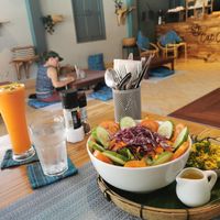 Mixed veg fruits juice and veg scrambled eggs at The Happy Cat - Veggie Cafe-Restaurant in Luang Prabang