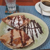Pancake with banana, chocolate, and peanut butter at The Happy Cat - Veggie Cafe-Restaurant in Luang Prabang