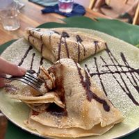 Choc banana pancakes made vegan   at The Happy Cat - Veggie Cafe-Restaurant in Luang Prabang
