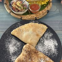 Scramble tofu and pancakes   at The Happy Cat - Veggie Cafe-Restaurant in Luang Prabang