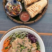 Tofu sandwich and tofu bowl  at The Happy Cat - Veggie Cafe-Restaurant in Luang Prabang