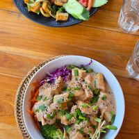 Super power satay tofu and Kapow at The Happy Cat - Veggie Cafe-Restaurant in Luang Prabang