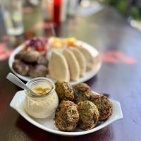 Zucchini fritters with Rice  at Elia Greek Kitchen Bassac Lane in Phnom Penh