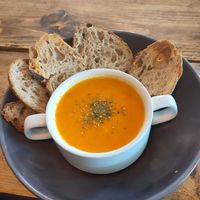 Tomato soup with sourdough bread at Avocafé by Nutri2Go in Nottingham
