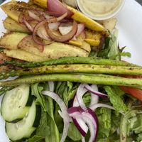 Grilled zucchini, squash, red onions, and asparagus with red potatoes and side salad    at Taziki's Mediterranean Cafe in Little Rock