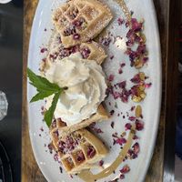 Rose pistachio waffles  at Café Alma in Cincinnati