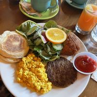 Breakfast platter-plant-based vegan option- scramble and vegan sausage with a unique hash brown and fresh squeeze grapefruit juice  at Pearl Moon in Woodstock