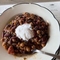 Vegan chili over yellow rice  at Phoenicia Diner in Phoenicia