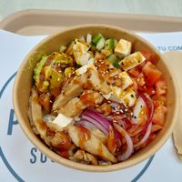 Large poke bowl with rice, tofu, heura (vegan protein that looks like meat chunks), avocado, vegetables. Yummy! at Poké Poké - Triana in Gran Canaria