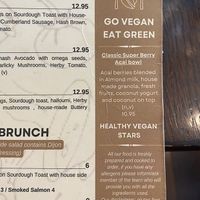 Menu encourages “go vegan, eat green” and is clearly labeled for vegan, vegetarian, and gluten free options. It also says which dishes have nuts.  at Victoria House in London