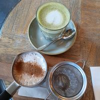 Matcha and chia lattes at Feather & Heart in Brentford
