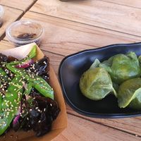 Vegan raviolis and black mushrooms salad - both were very good at Sweet Raviolis - Rue de Rambuteau in Paris