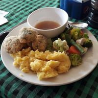 Soya balls with mashed potatoes and vegetables at Veggie Tables in Vang Vieng
