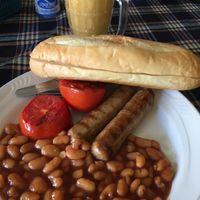 Sausages and Beans meal with mixed fruit shake at Veggie Tables in Vang Vieng