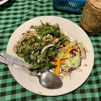 Spicy larb with greens and salad at Veggie Tables in Vang Vieng