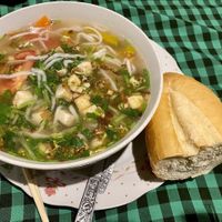 Noodle soup with baguette at Veggie Tables in Vang Vieng