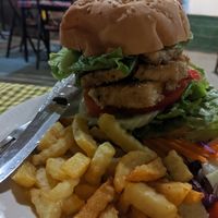 Tofu burger at Veggie Tables in Vang Vieng