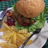 Mushroom burger at Veggie Tables in Vang Vieng