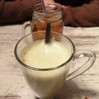 Matcha latte with soy milk and a home-made iced tea at Konbu in Groningen