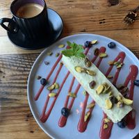 Vanilla-orange cake with a pistachio cream  at Bandaloop in Arundel