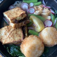 Jackfruit stuffed tofu steaks, onigiri friend rice cakes and Maine seaweed broth   at Bandaloop in Arundel
