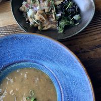 Blue bowl: Creamy five onion chowder                               Black bowl: local sautéed mushrooms  at Bandaloop in Arundel