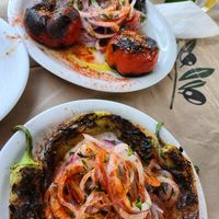 Grilled tomatoes and grilled hot peppers at Exesion - Εξαίσιον in Paros