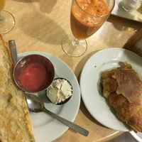 Bread with tomato and vegetable cheese and an almond croissant  at Tres Semillas in Alicante
