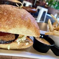 SPICY EGGPLANT 
Fried eggplant, vegan slaw, dill pickle chips, spicy jalapeno BBQ sauce, sriracha aioli with shoestring fries  at Golden Road Brewing - West Glendale in Los Angeles