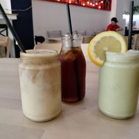 Iced soy latte, cold brew, coconut lemonade at Finca Velez in Sliema