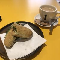 Avocado sandwich & oat latte  at Santa Vegana in Barcelona