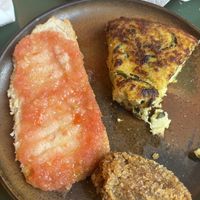 Courgette tortilla, vegetable croqueta and pan con tomate   at Santa Vegana in Barcelona
