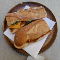 Sandwich with cheese and bolognese. at Santa Vegana in Barcelona