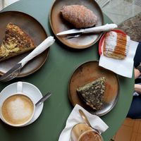 Two tortillas, two pastries, two coffees  at Santa Vegana in Barcelona