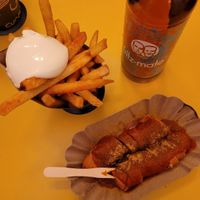 vegan Currywurst, fries with mayo and Fritz-lemonade at Curry Co in Dresden