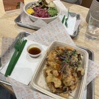 Chick’n & Waffles in the foreground, and I think a Mediterranean bowl in the background. Both were delicious    at Vibe Organic Kitchen & Juice in Costa Mesa