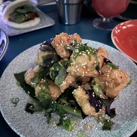 Lightly fried perfect tofu, with vegan honey, mint, and more  at Mothership in San Diego