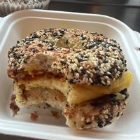 Vegan breakfast sandwich w homemade coconut bacon & a v blueberry muffin   at Mojo's Coffee and More in Bay Village