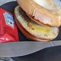 Sausage, cheese, bacon bagel at Gaard 2 Coffee Hide in Sheffield