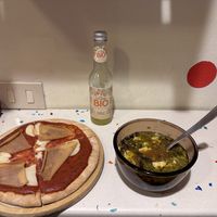 Seitan pizza and miso soup  at Vegan Come Koala in Pisa