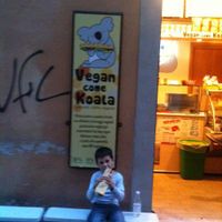 my son with his vegan hot dog at Vegan Come Koala in Pisa